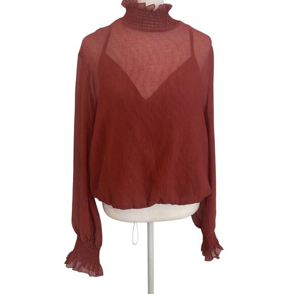 ASTR The Label Brown Long Sleeve Mock Neck Ruffled Blouse Womens Size XL - Picture 1 of 6